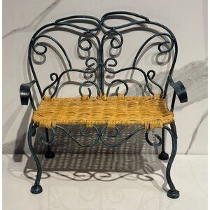 Vintage Metal Wicker Doll Bench Black Scroll Miniature Chair 12" Shabby Chic